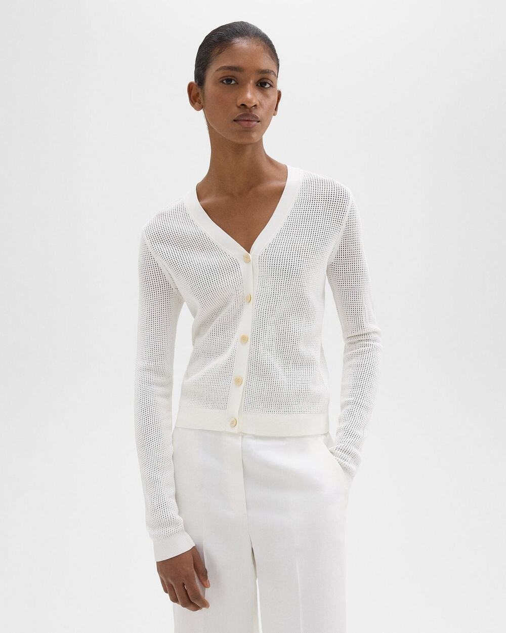Theory Pointelle Cardigan Crepe Knit Long Sleeves V-neck White Size Small